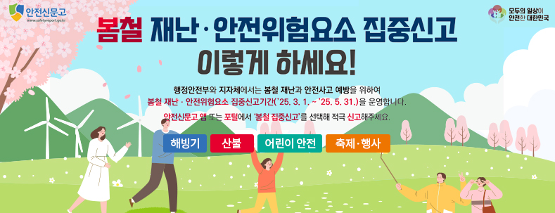 봄철 재난·안전위험요소 집중신고 이렇게 하세요! 
행정안전부와 지자체에서는 봄철 재난과 안전사고 예방을 위하여
봄철 재난·안전위험요소 집중신고기간('25.3.1.~'25.5.31.)을 운영합니다.
안전신문고 앱 도는 포털에서 '봄철 집중신고'를 선택해 적극 신고해주세요
해빙기 / 산불 / 어린이 안전 / 축제·행사
